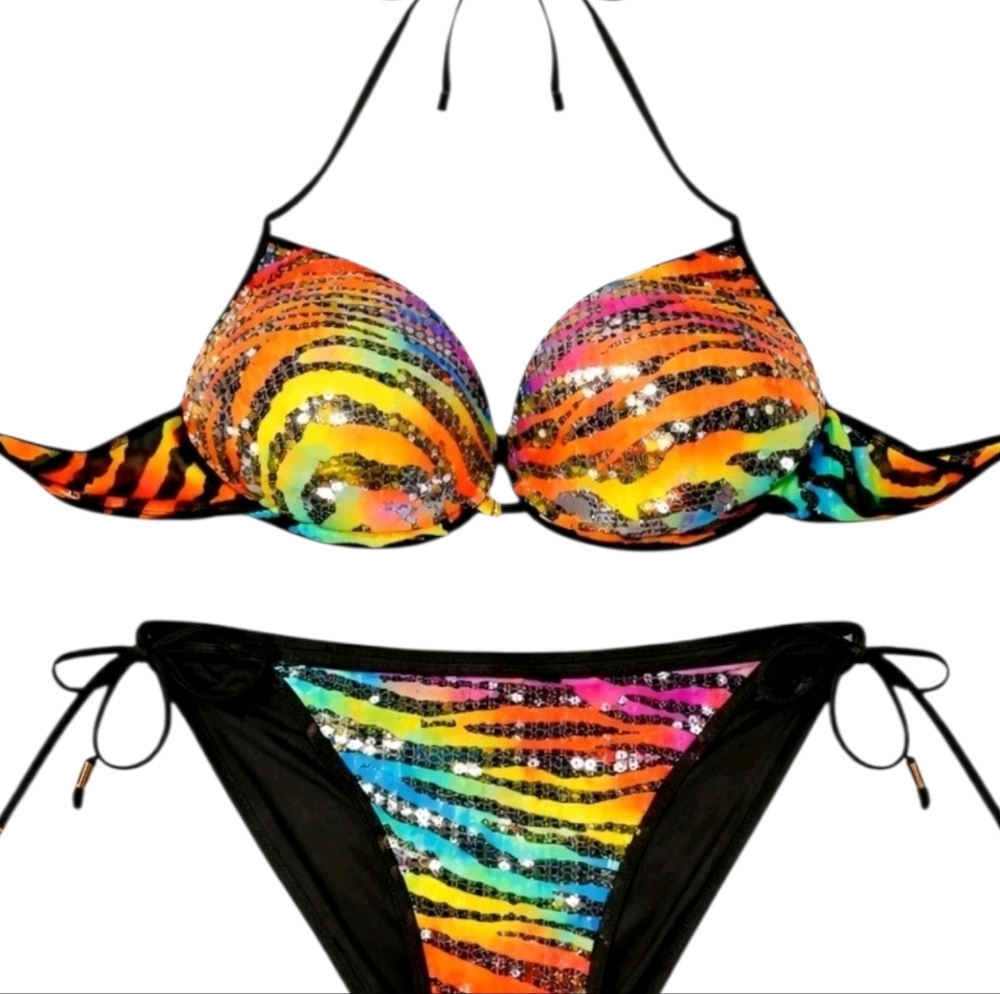 VINTAGE Victoria's Secret PINK Full Sequin Rainbow Zebra Bikini Set S